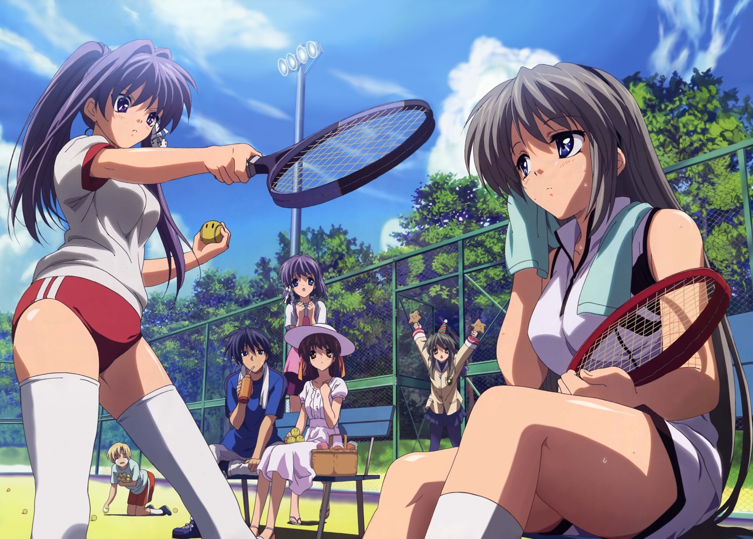 buruma, clannad, dress, fujibayashi_kyou, fujibayashi_ryou, furukawa_nagisa, gym_uniform, ibuki_fuuko