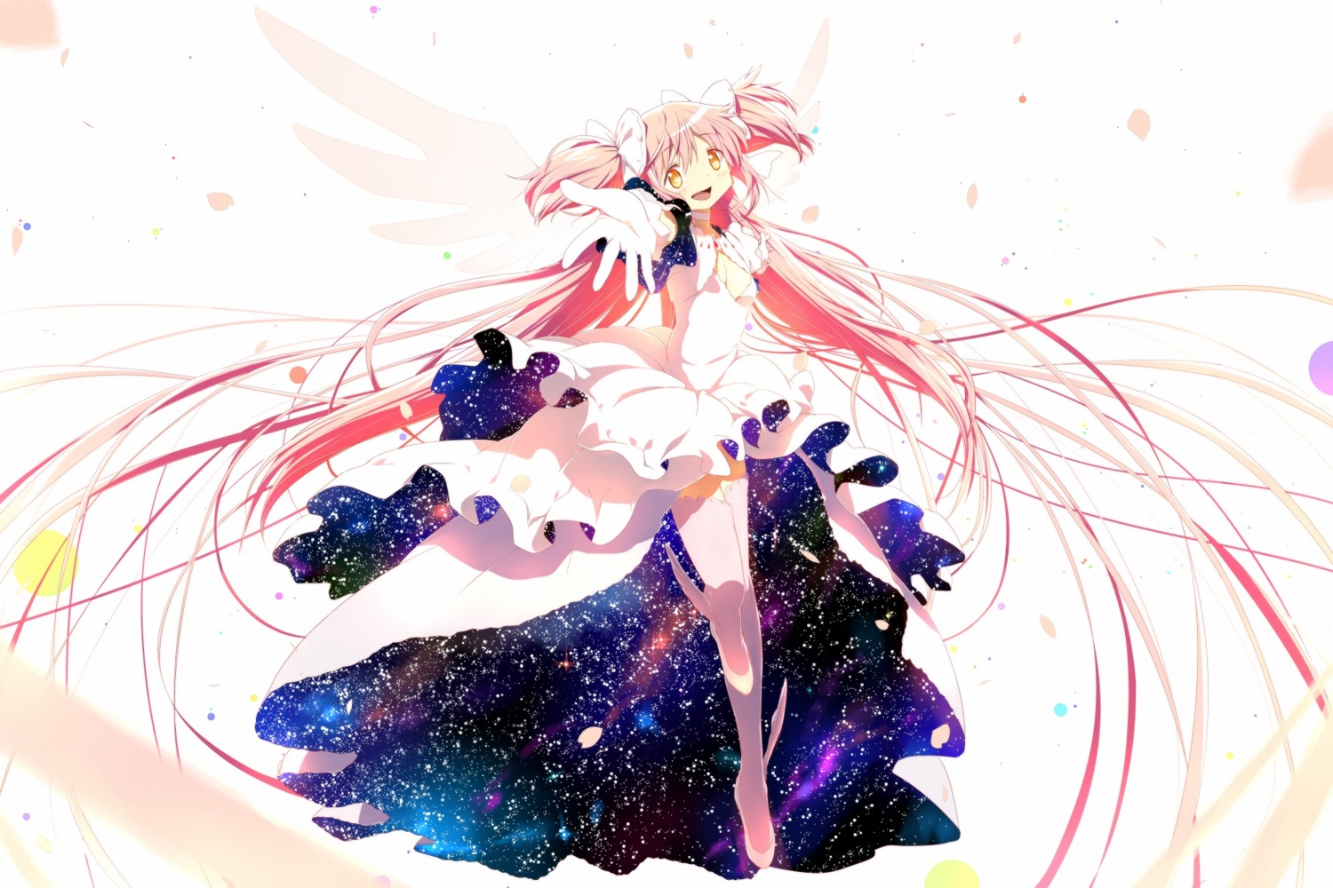 4b_pencil, cleavage, dress, kaname_madoka, mahou_shoujo_madoka_magica, thighhighs, ultimate_madoka, wings