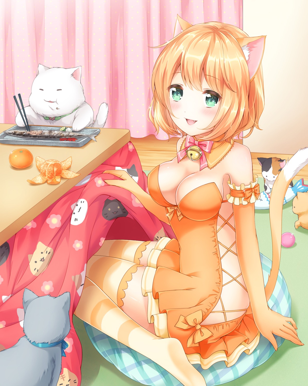 animal_ears, cleavage, dress, nanairo_fuuka, neko, nekomimi, no_bra, nopan