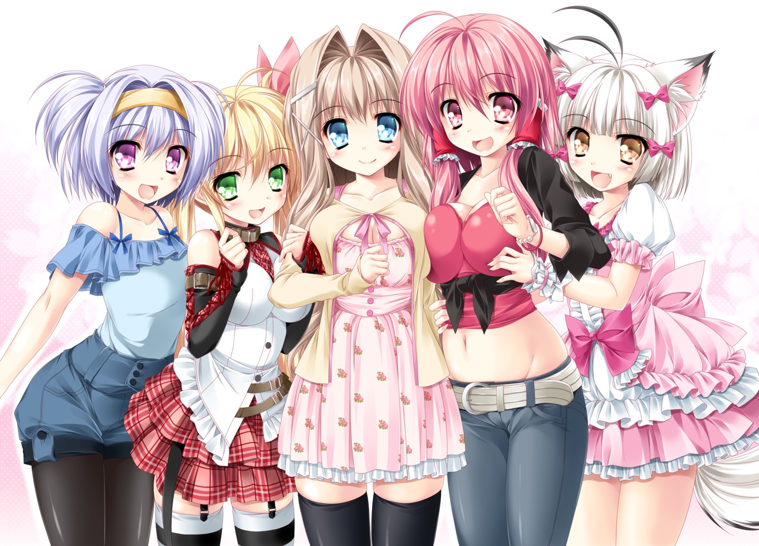 animal_ears, cleavage, dress, kamiya_tomoe, pantyhose, stockings, tail, thighhighs