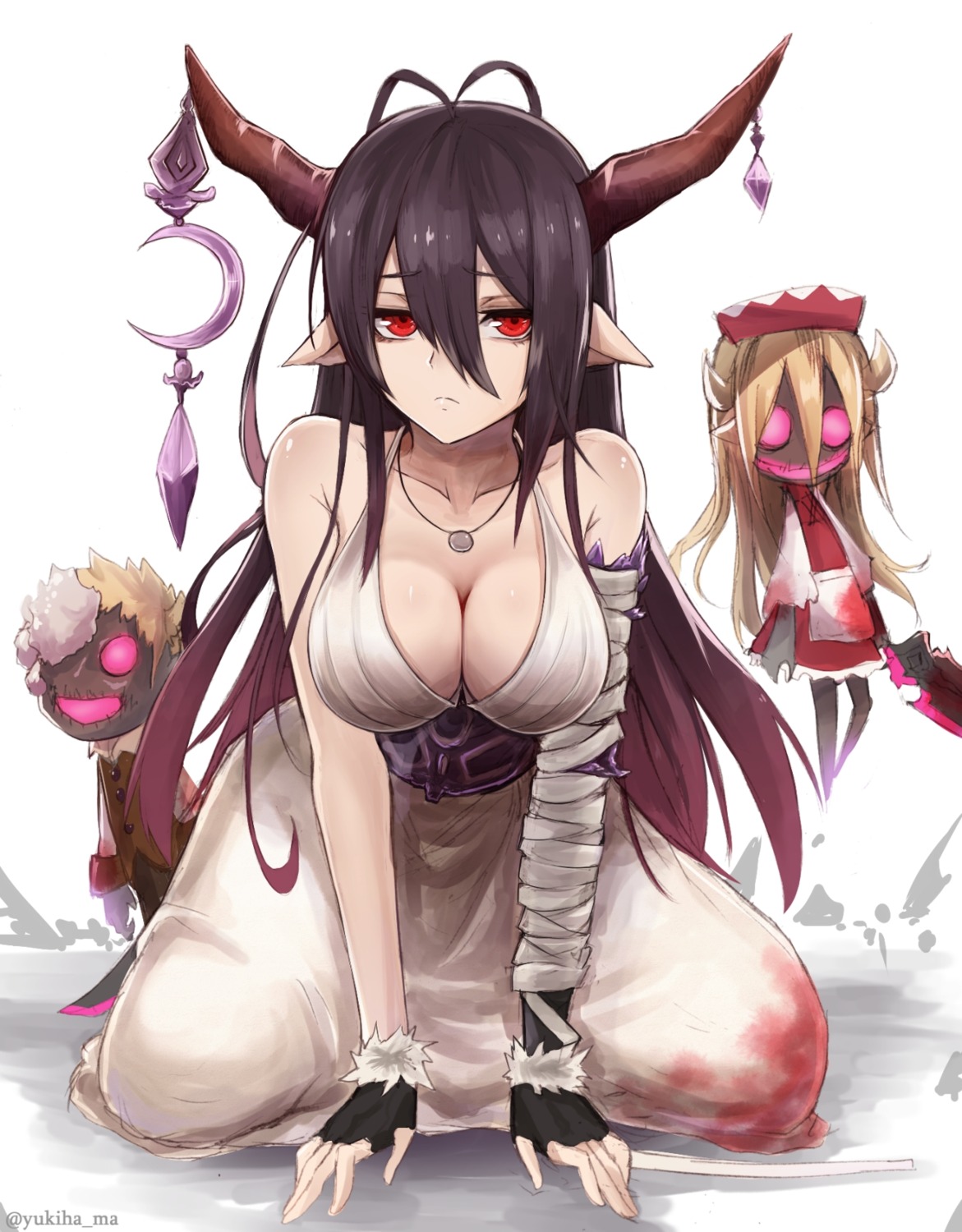 bandages, blood, cleavage, danua, dress, granblue_fantasy, horns, pointy_ears, yukihama