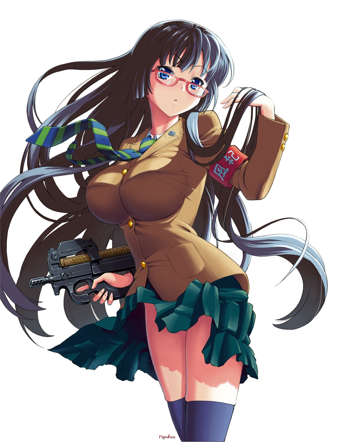 gun, megane, nopan, number10_(hagakure), seifuku, skirt_lift, thighhighs