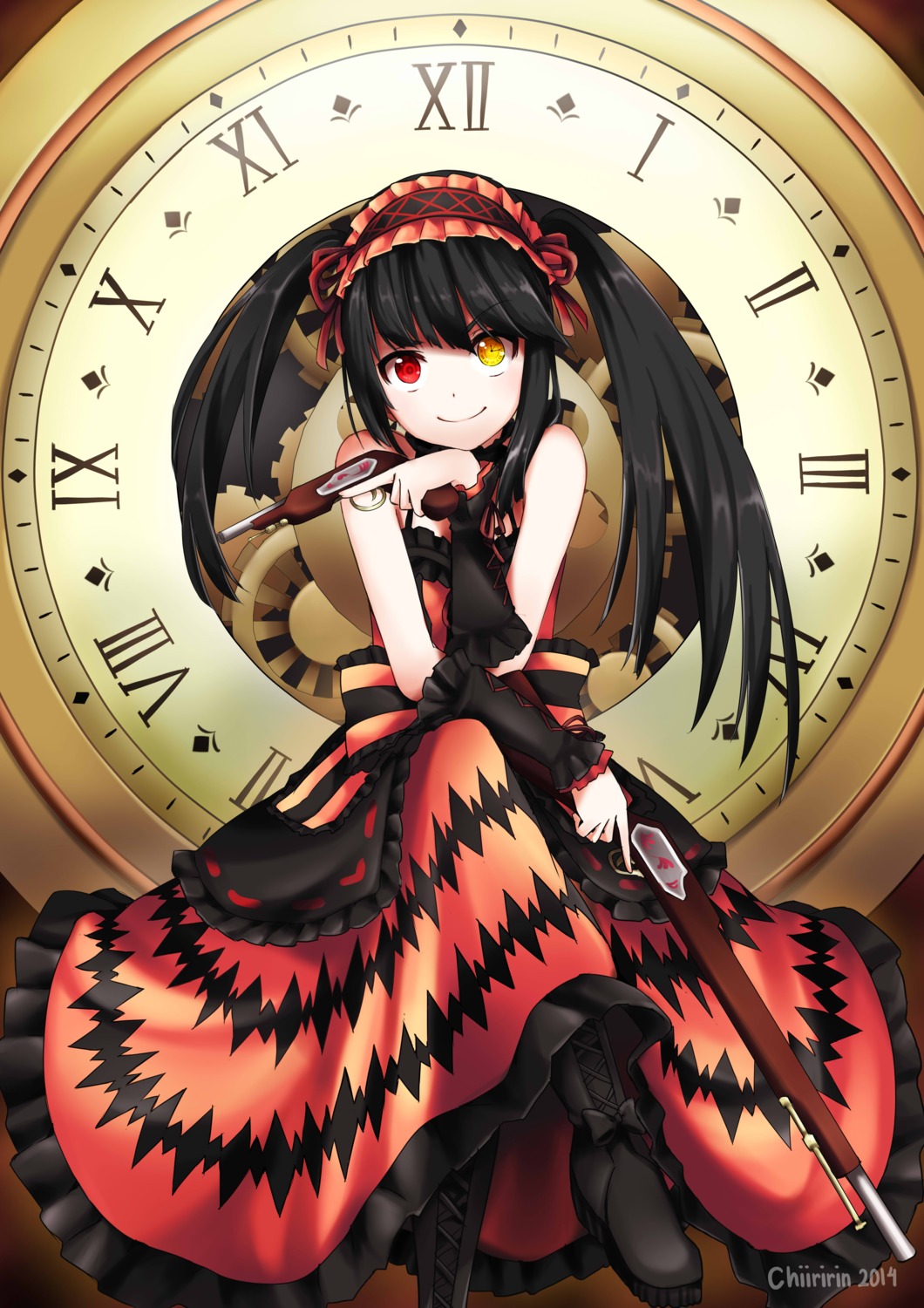 chiiririn, date_a_live, dress, gothic_lolita, gun, heterochromia, jpeg_artifacts, lolita_fashion, tokisaki_kurumi