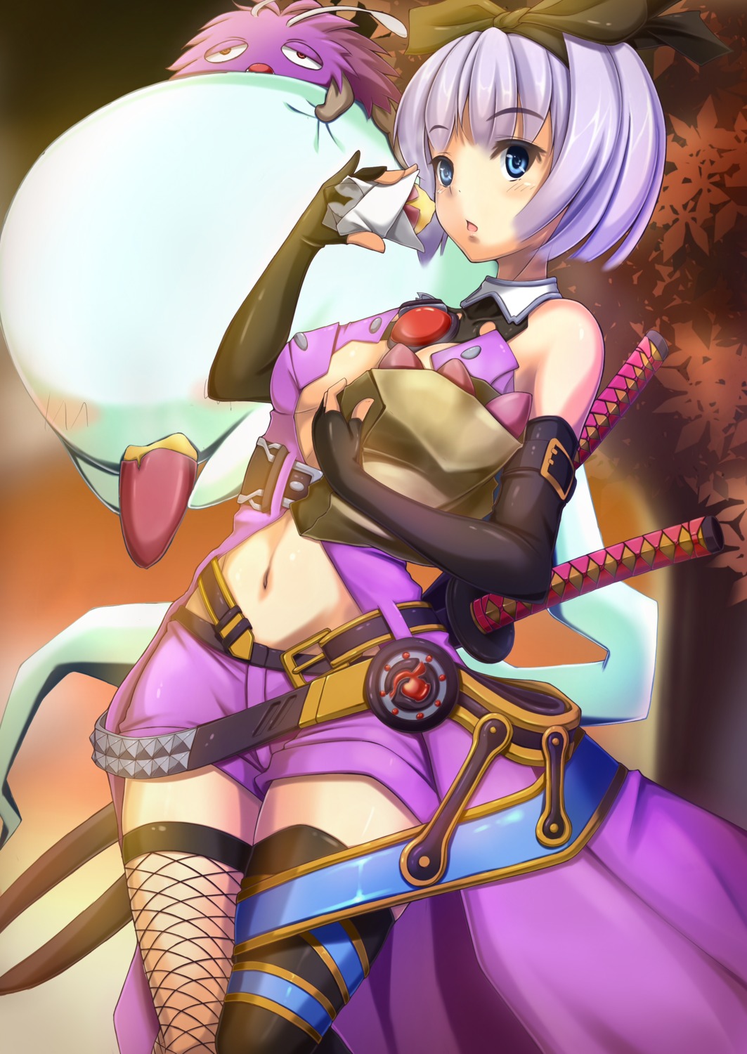 cleavage, cyoppu, fishnets, konpaku_youmu, myon, no_bra, pokemon, sword, thighhighs, touhou, venonat