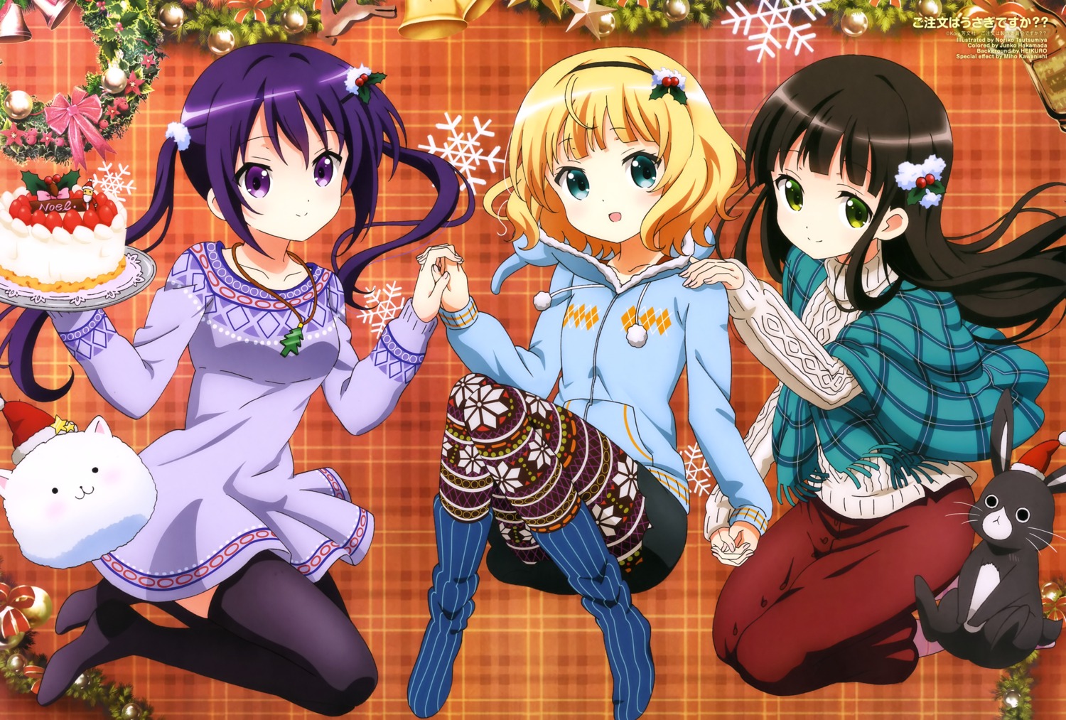 anko_(gochiusa), christmas, dress, gochuumon_wa_usagi_desu_ka?, kirima_sharo, pantyhose, sweater, tedeza_rize, thighhighs, tippy_(gochiusa), tsutsumitani_noriko, ujimatsu_chiya