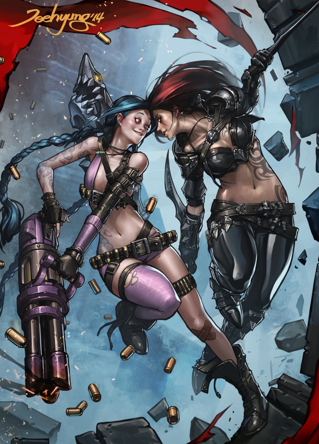 armor, bandaid, bikini_top, gun, jee-hyung_lee, jinx, katarina_du_couteau, league_of_legends, swimsuits, tattoo, thighhighs, torn_clothes, weapon