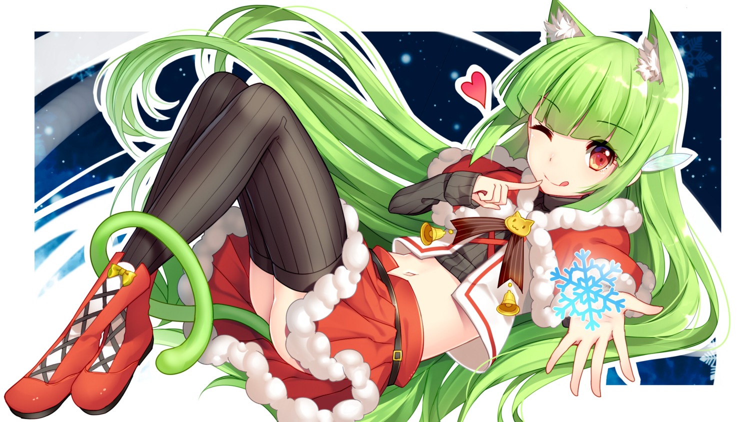 animal_ears, bison_cangshu, christmas, moegirlpedia-tan, nekomimi, os-tan, skirt_lift, tail, thighhighs