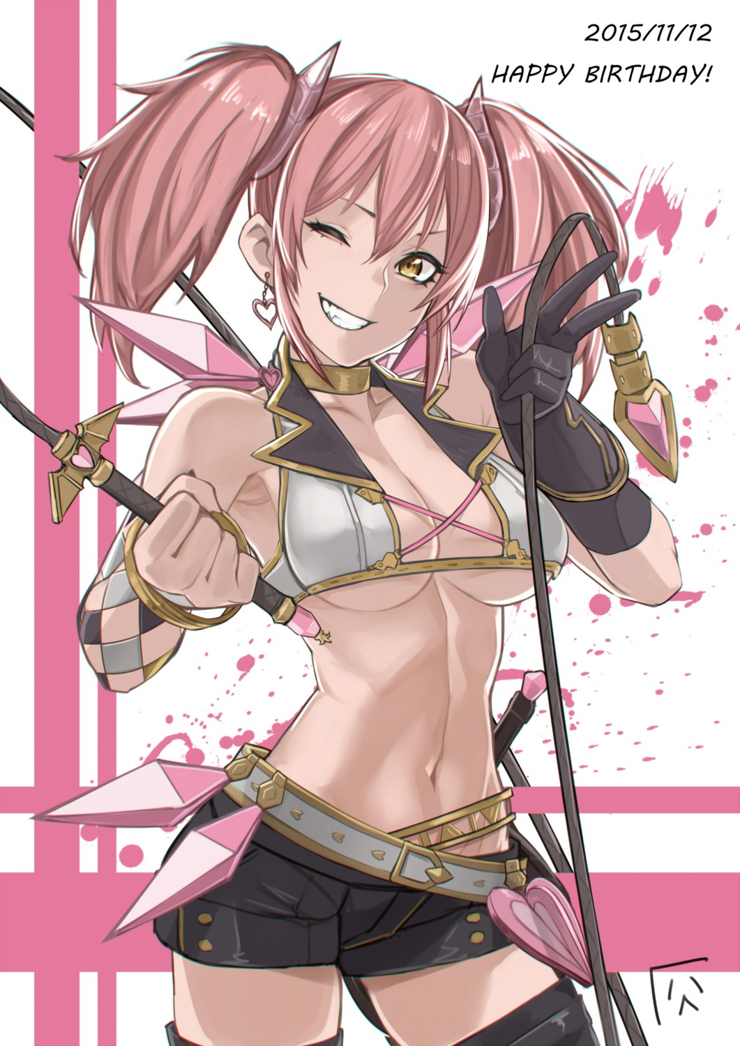 cleavage, horns, jougasaki_mika, no_bra, ryu0120, the_idolm@ster, the_idolm@ster_cinderella_girls, the_idolm@ster_cinderella_girls_starlight_stage, thighhighs, underboob, weapon