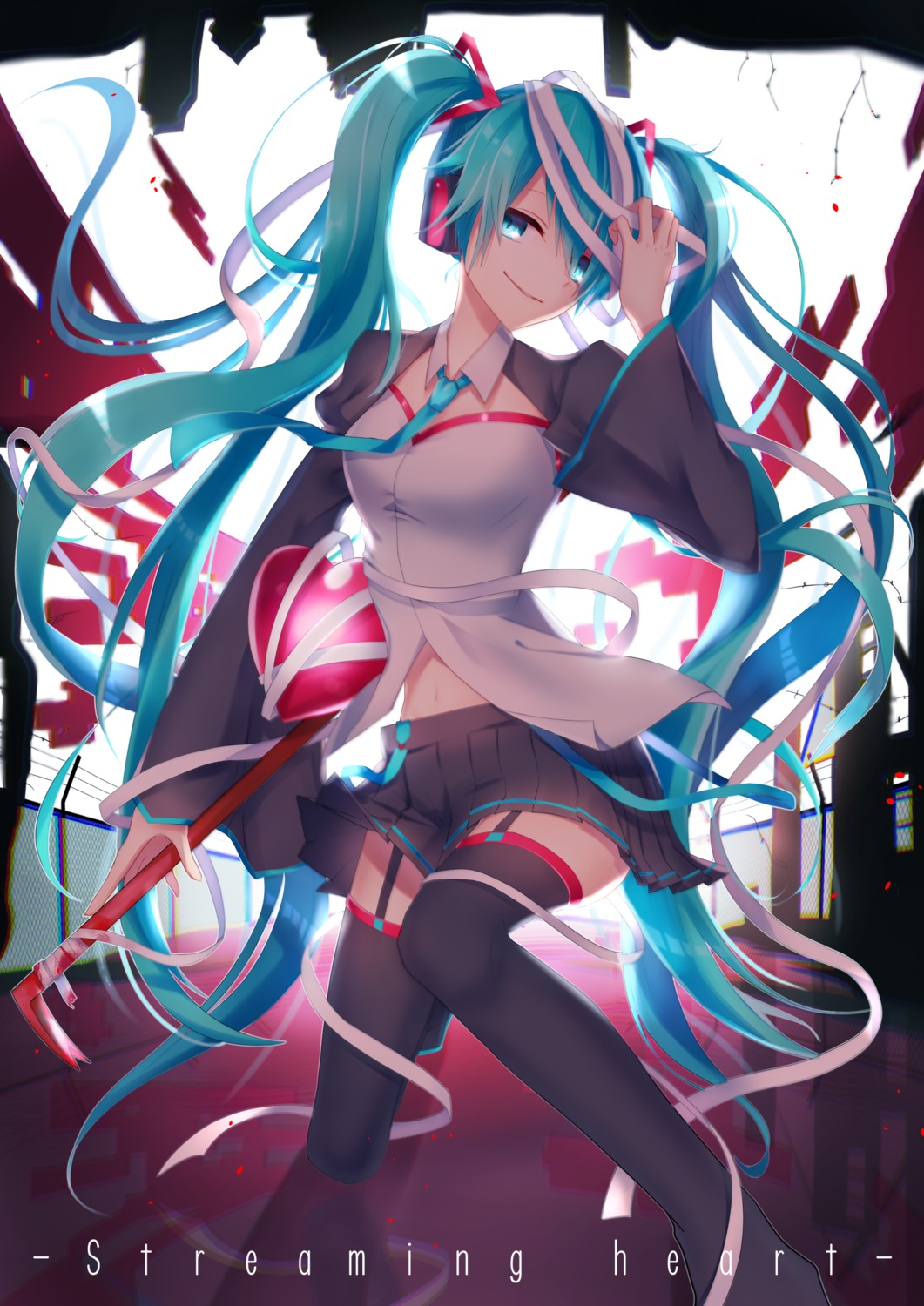 bandages, hatsune_miku, headphones, natsu_tora, stockings, thighhighs, vocaloid, weapon