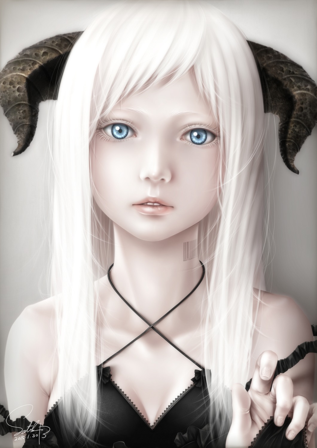 bouno_satoshi, cleavage, horns