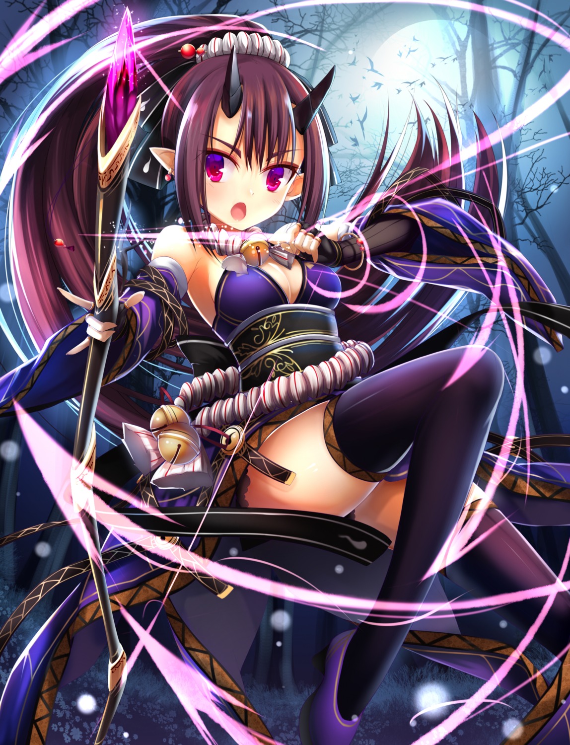 aixioo, cleavage, heels, horns, pointy_ears, thighhighs, weapon