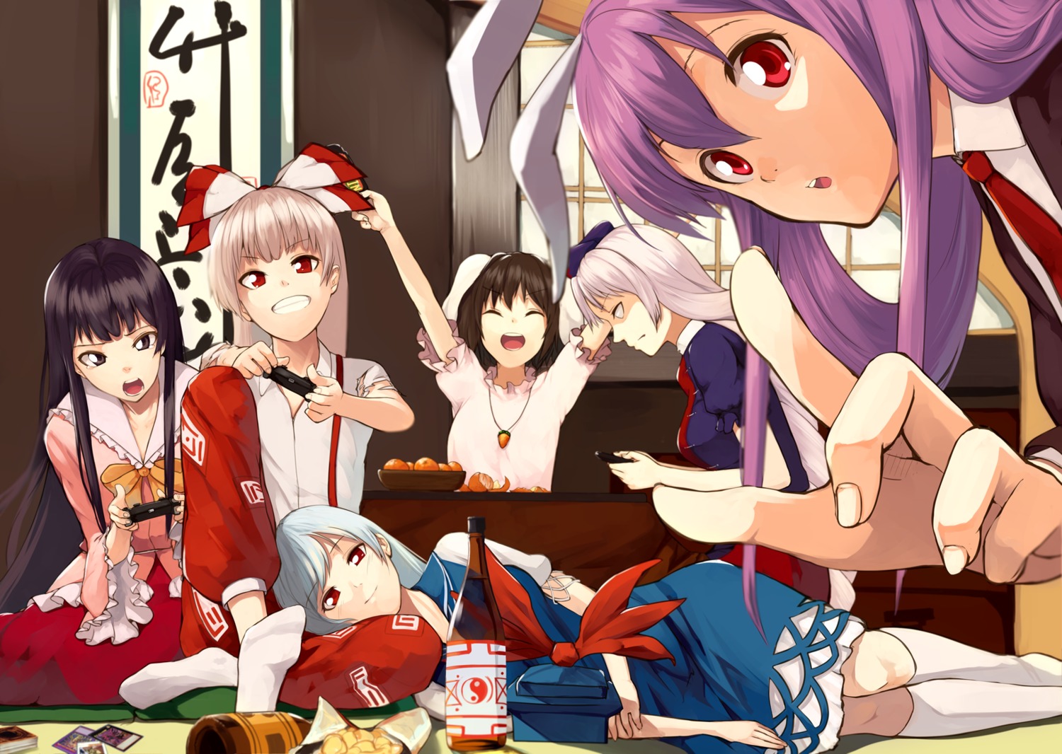 animal_ears, bunny_ears, dress, fujiwara_no_mokou, houmatu_awa, houraisan_kaguya, inaba_tewi, kamishirasawa_keine, reisen_udongein_inaba, touhou, yagokoro_eirin
