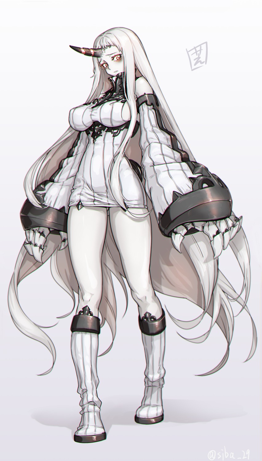 dress, horns, kantai_collection, no_bra, seaport_hime, shiba_itsuki