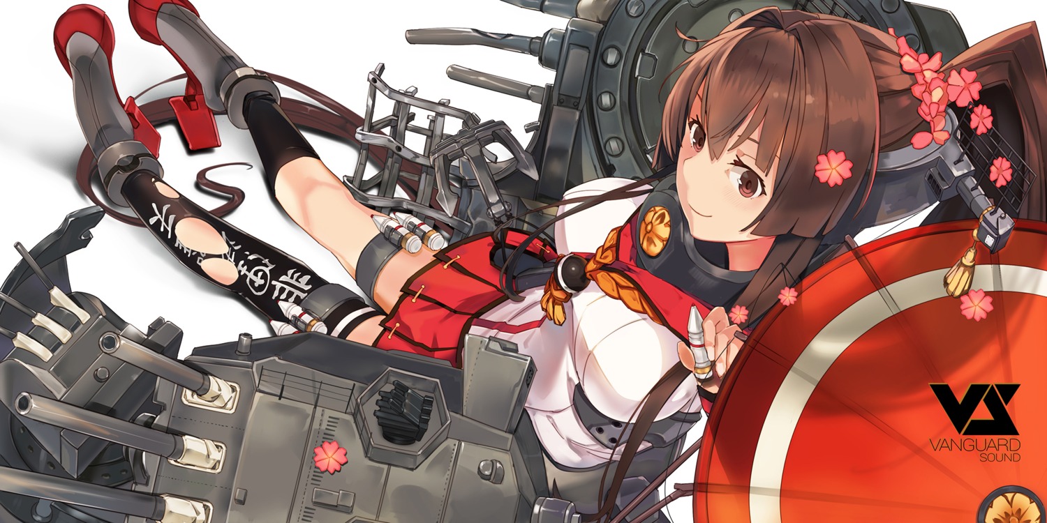 el-zheng, heels, kantai_collection, thighhighs, torn_clothes, umbrella, yamato_(kancolle)