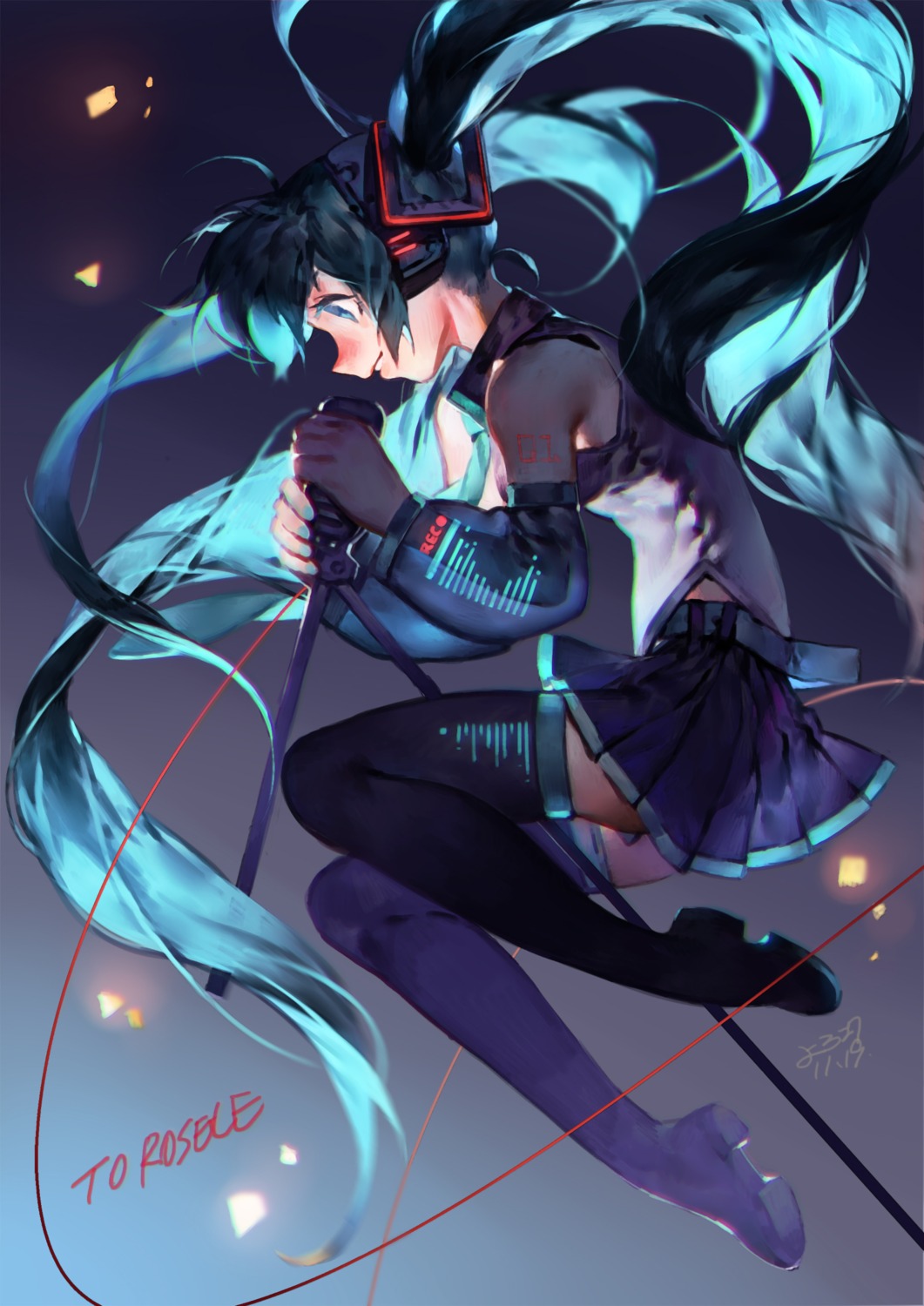 hatsune_miku, headphones, tattoo, thighhighs, vocaloid, yotsuyu