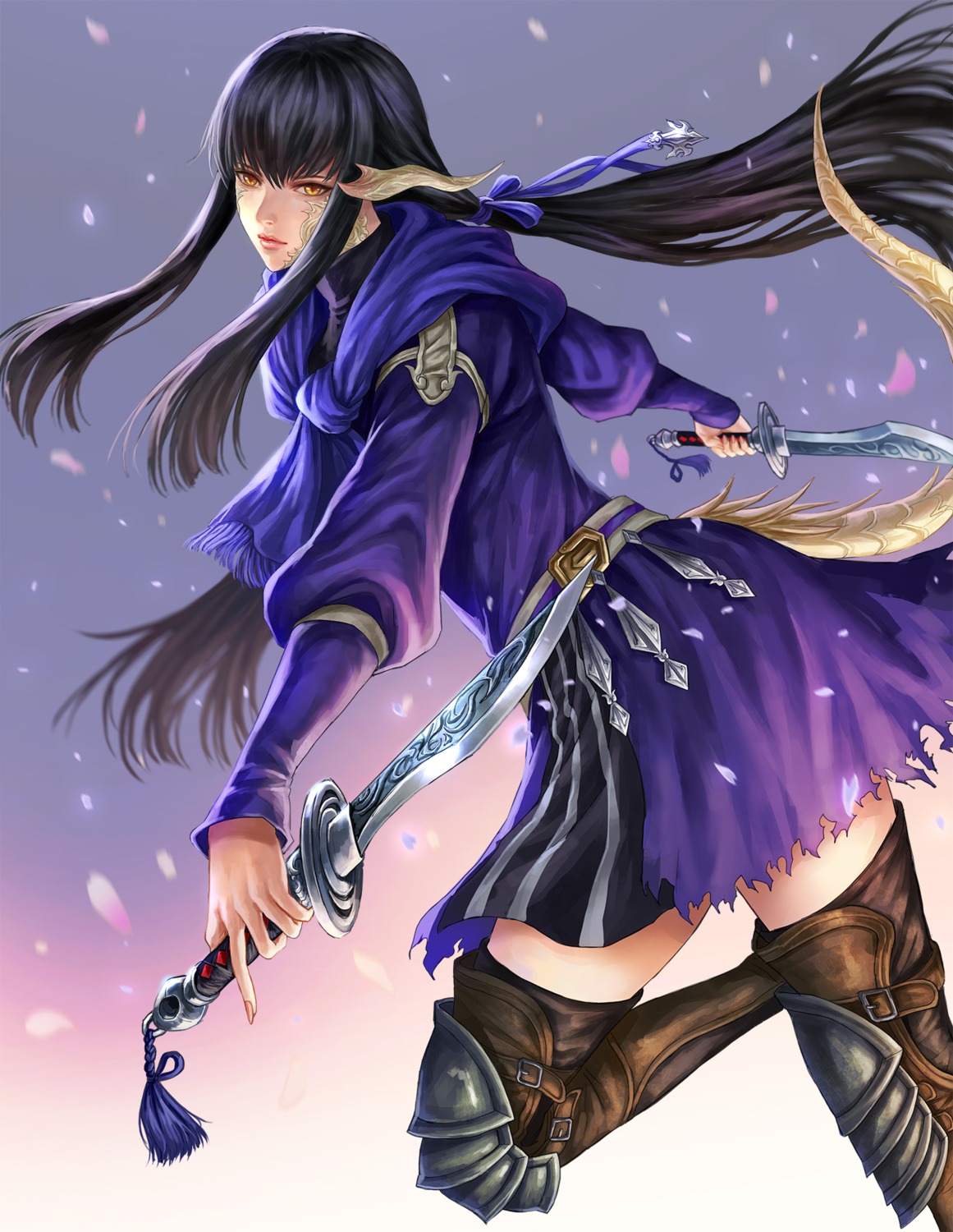 dress, final_fantasy, final_fantasy_xiv, horns, kacyu, tail, thighhighs, torn_clothes, weapon, yugiri_mistwalker