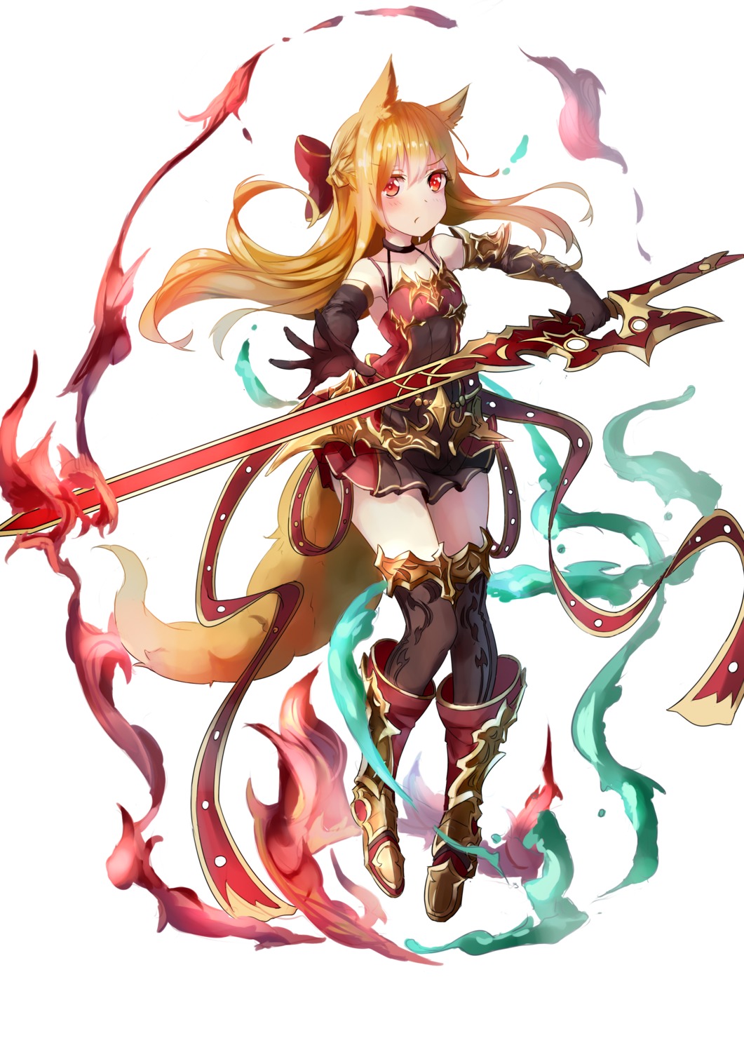animal_ears, armor, dress, mozhi, sword, tail, thighhighs