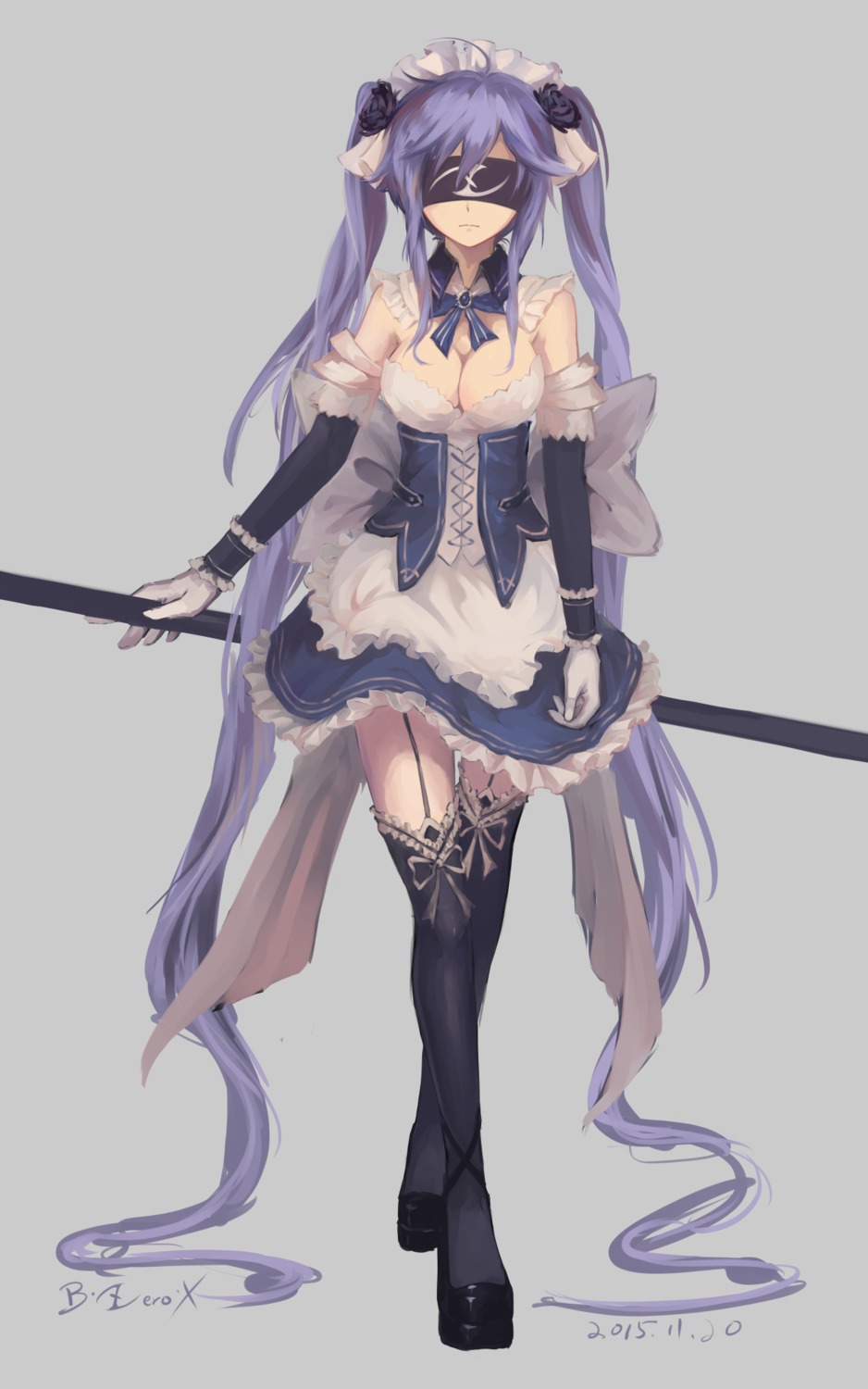 bzerox, cleavage, dress, maid, stockings, thighhighs, weapon