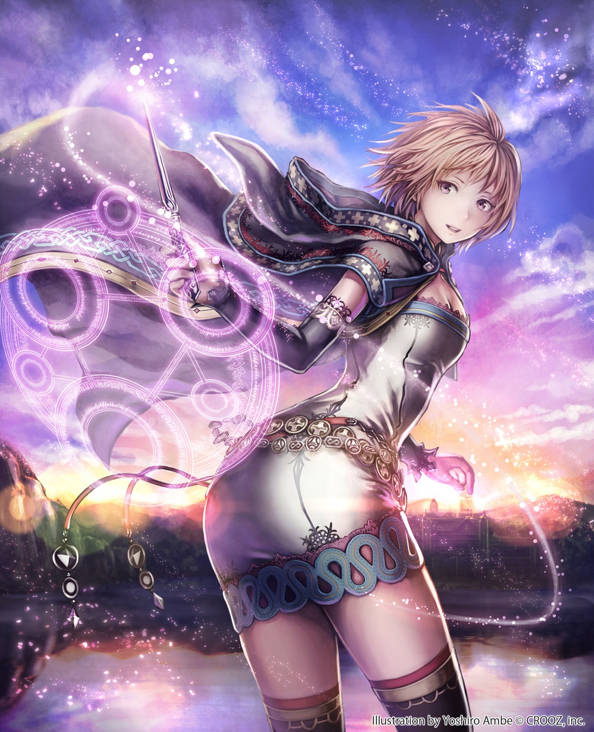 anbe_yoshirou, cleavage, deity_wars, dress, thighhighs, weapon