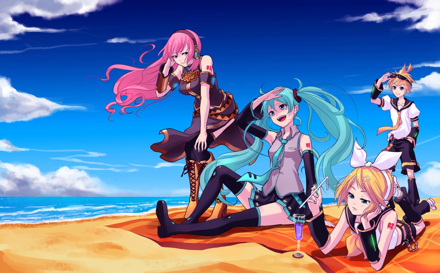 hatsune_miku, headphones, heels, kagamine_len, kagamine_rin, megane, megurine_luka, renyu1012