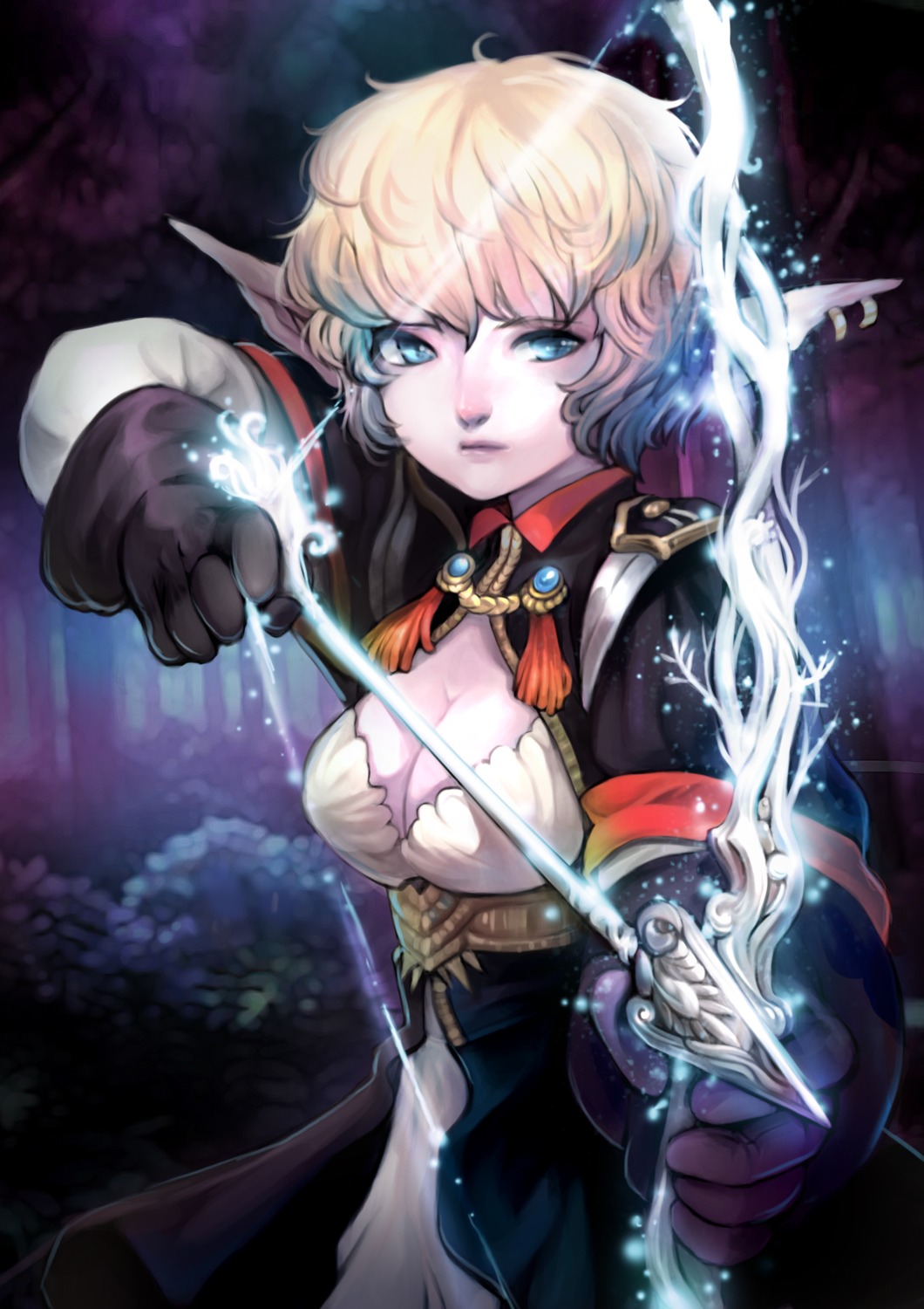 cleavage, elf, pointy_ears, uniform, weapon, zzoggomini