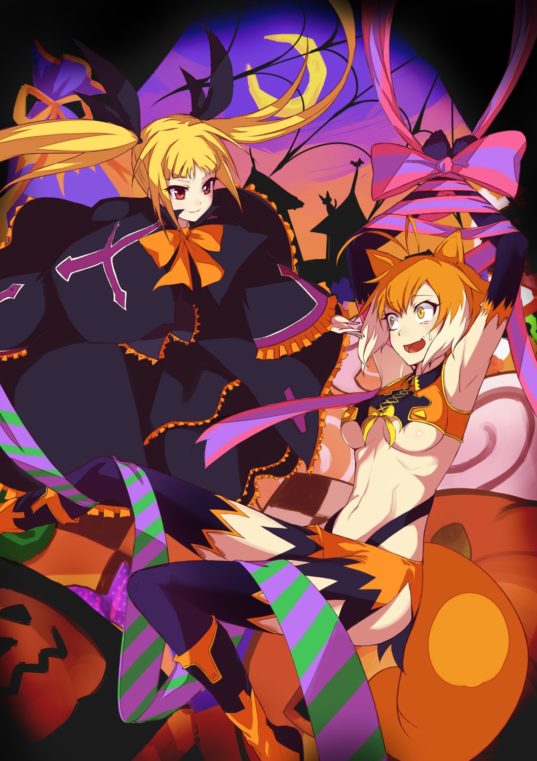 animal_ears, blazblue, halloween, makoto_nanaya, no_bra, purinnssu, rachel_alucard, tail