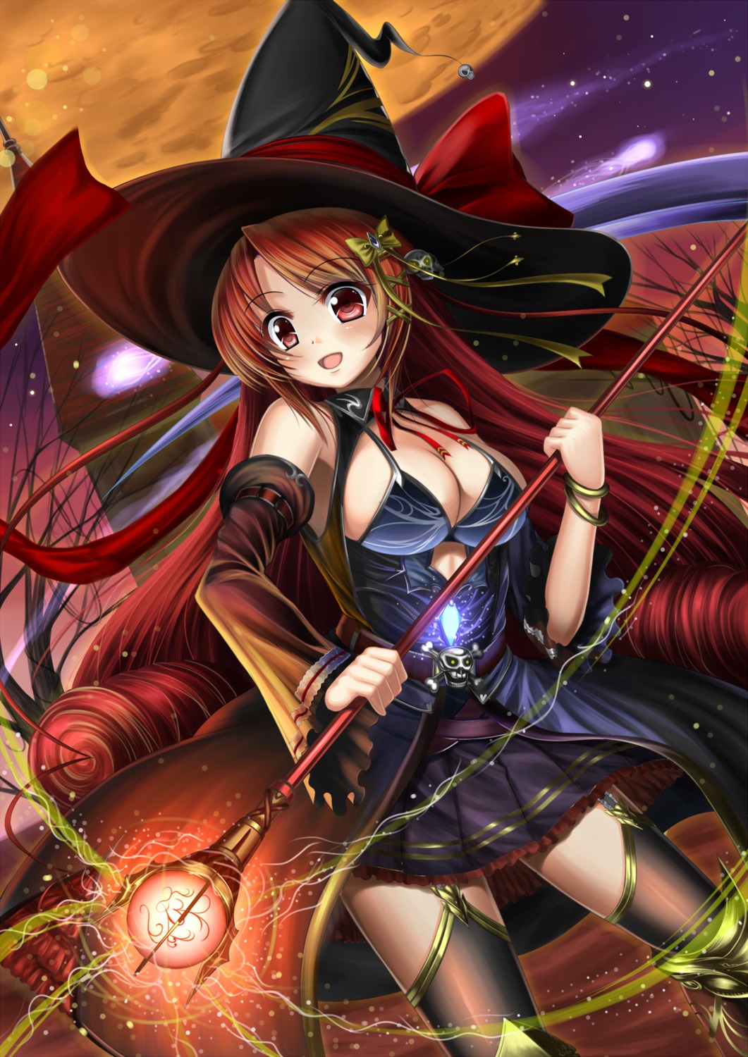 cleavage, shibata_rai, stockings, thighhighs, weapon, witch