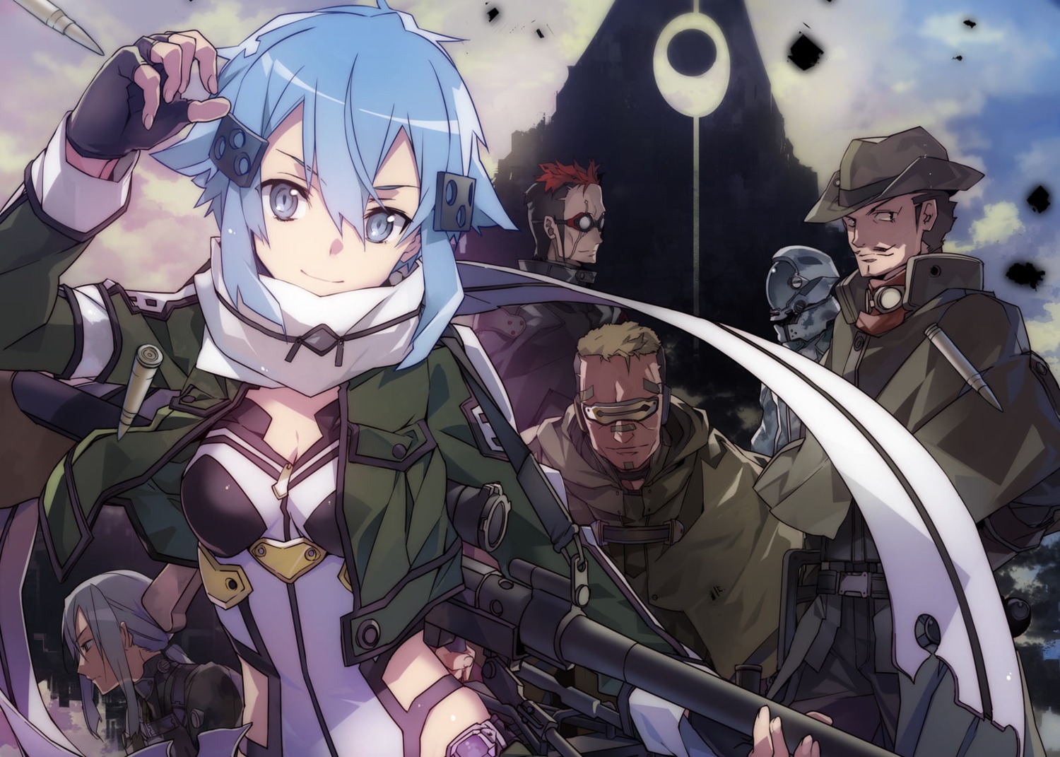 behemoth_(sword_art_online), bunbun, cleavage, dyne_(sword_art_online), gun, gun_gale_online, megane, open_shirt, pale_rider, sinon, sword_art_online, yamikaze