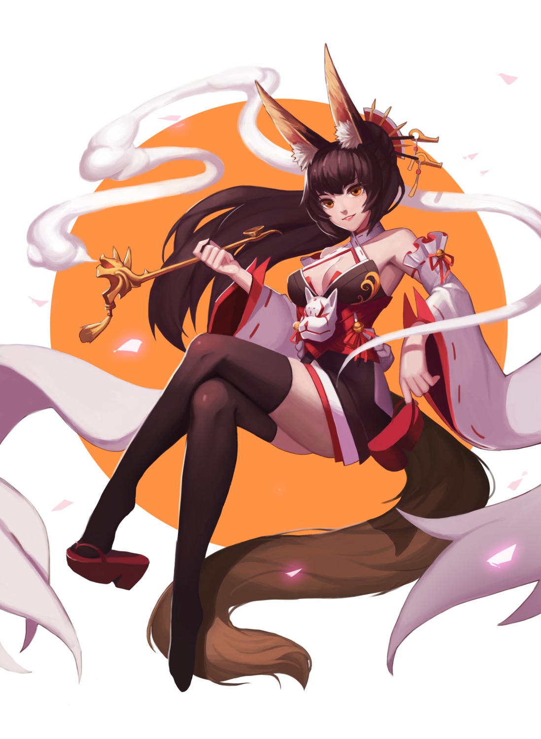 animal_ears, cleavage, heels, hongchajun, japanese_clothes, kitsune, smoking, tail