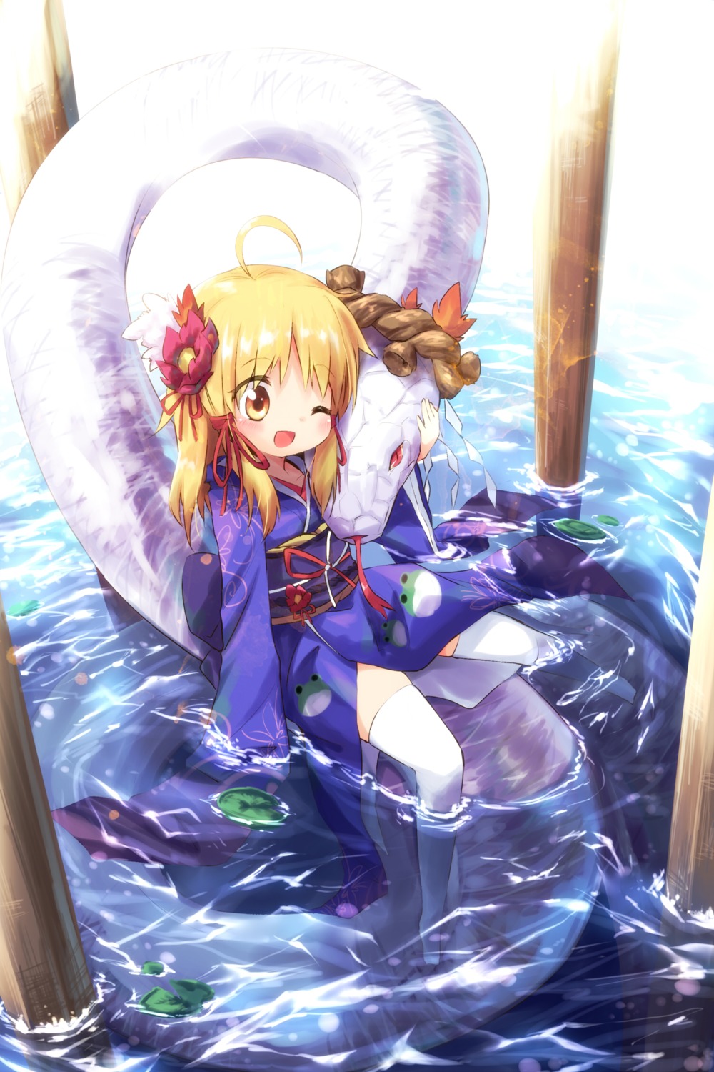 ayakashi_(artist), mishaguji, moriya_suwako, thighhighs, touhou, wet, yukata