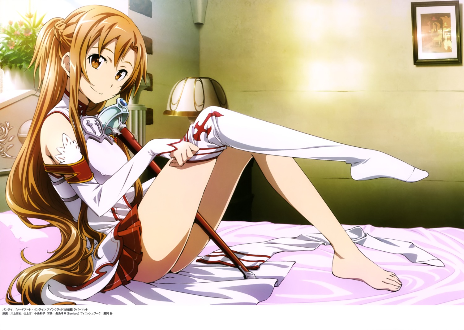 armor, asuna_(sword_art_online), feet, kawakami_tetsuya, sword, sword_art_online, thighhighs