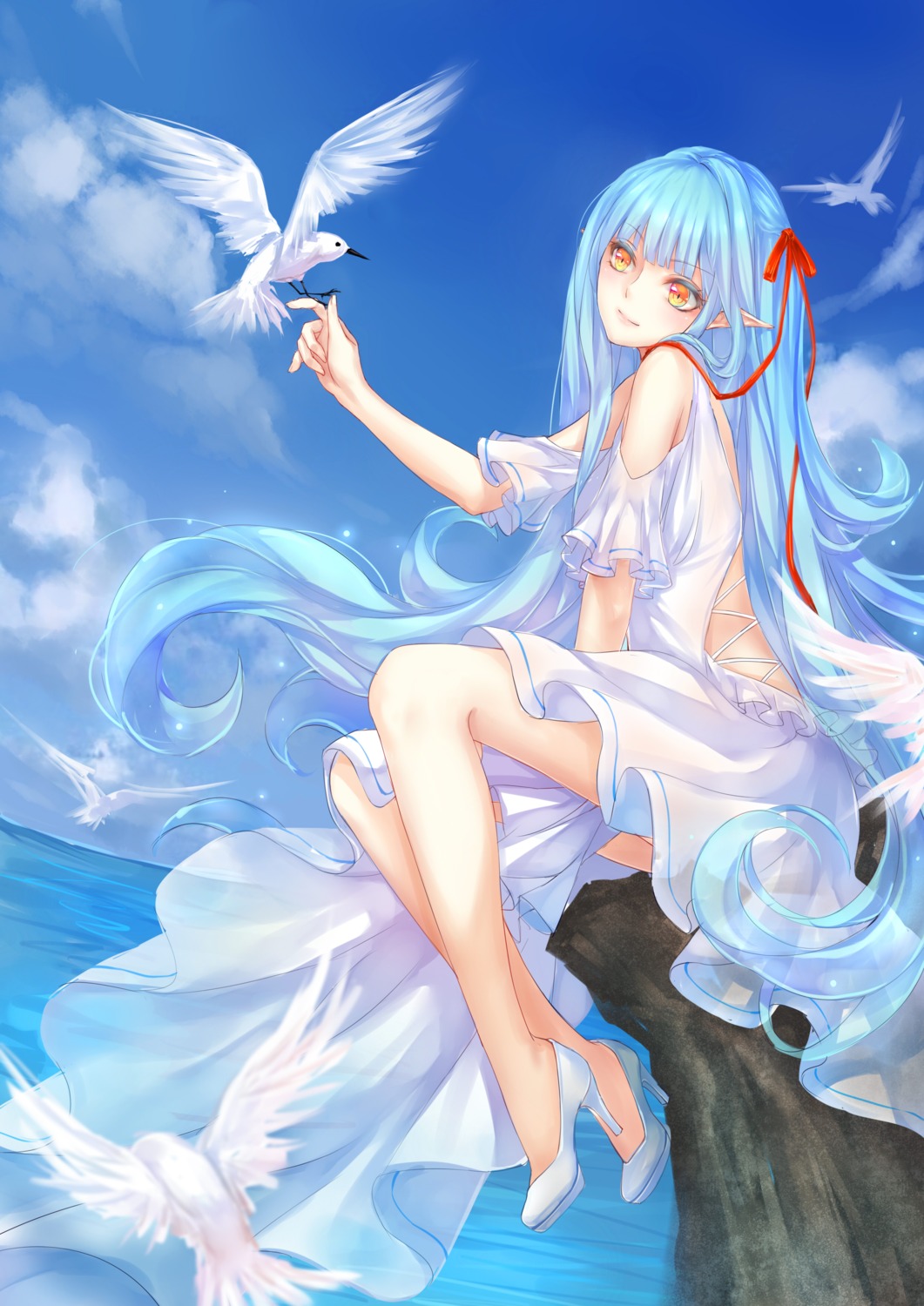 dress, heels, misaki_krokodi, pointy_ears