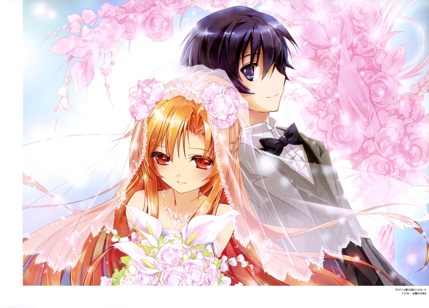 aigamo_hiroyuki, asuna_(sword_art_online), dress, kirito, sword_art_online, wedding_dress