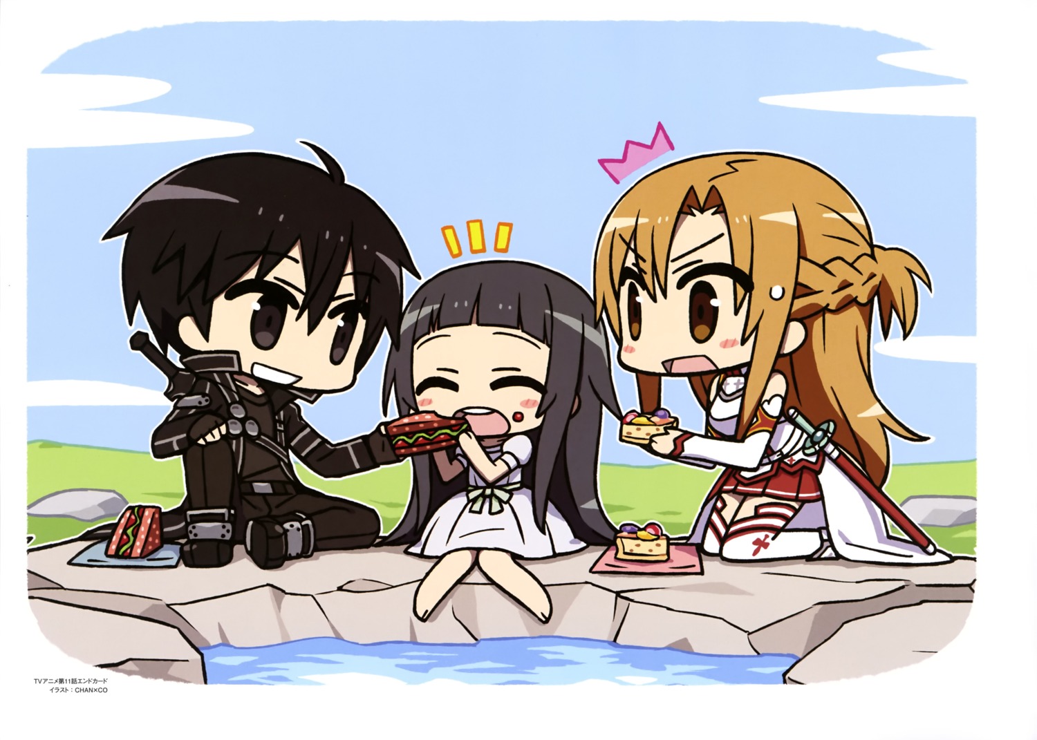 asuna_(sword_art_online), chan×co, chibi, dress, kirito, sword, sword_art_online, thighhighs
