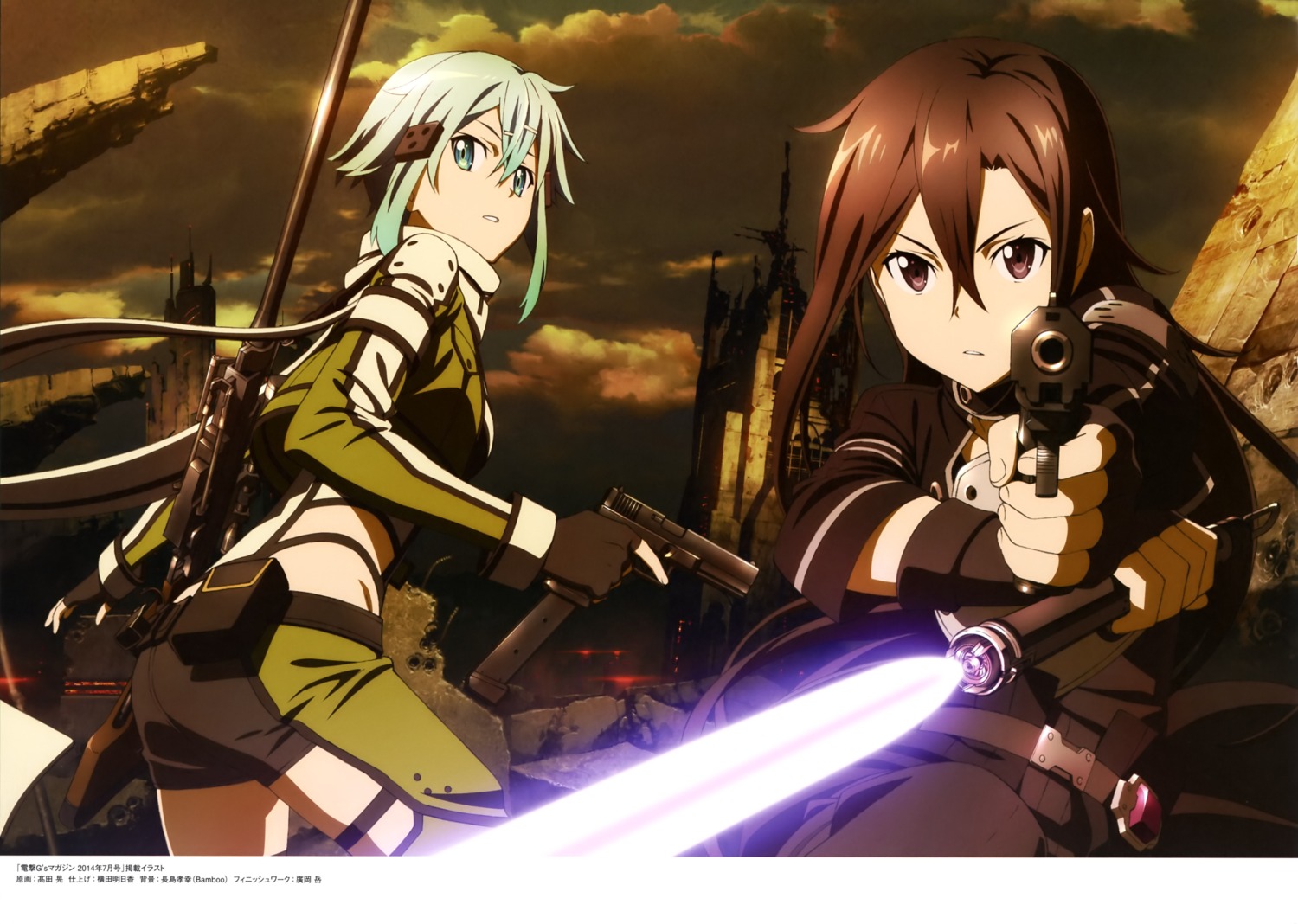 gun, gun_gale_online, kirito, sinon, sword, sword_art_online, takata_akira