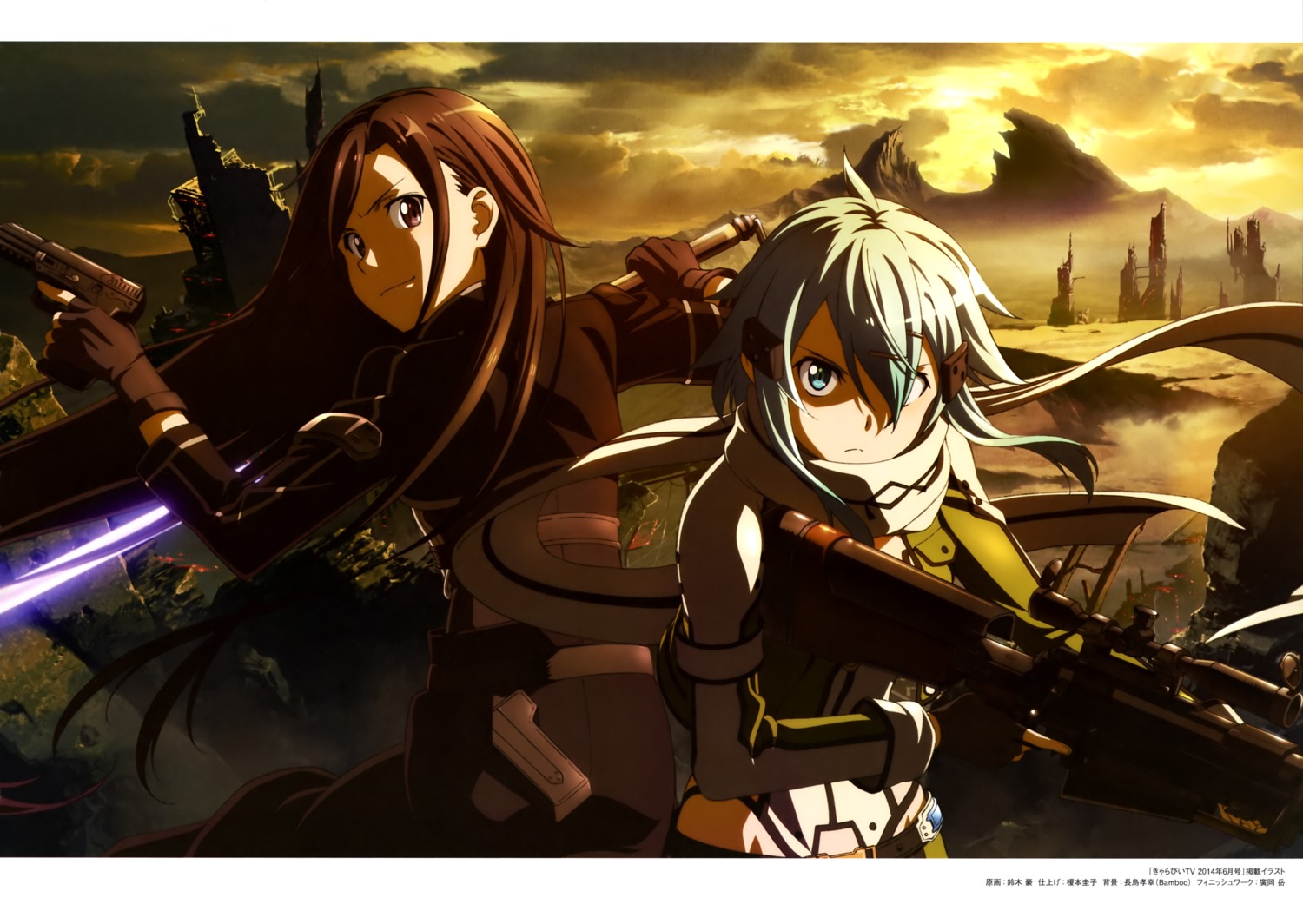 armor, gun, gun_gale_online, kirito, sinon, suzuki_gou, sword, sword_art_online