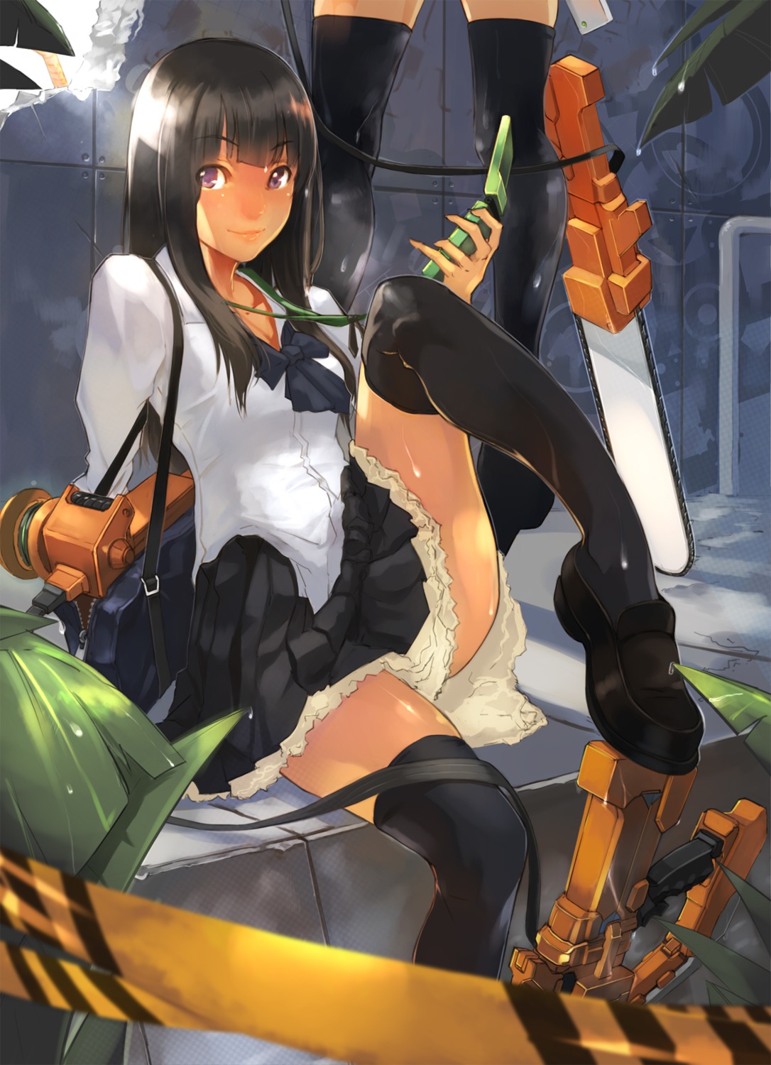 bigegg, seifuku, thighhighs, weapon