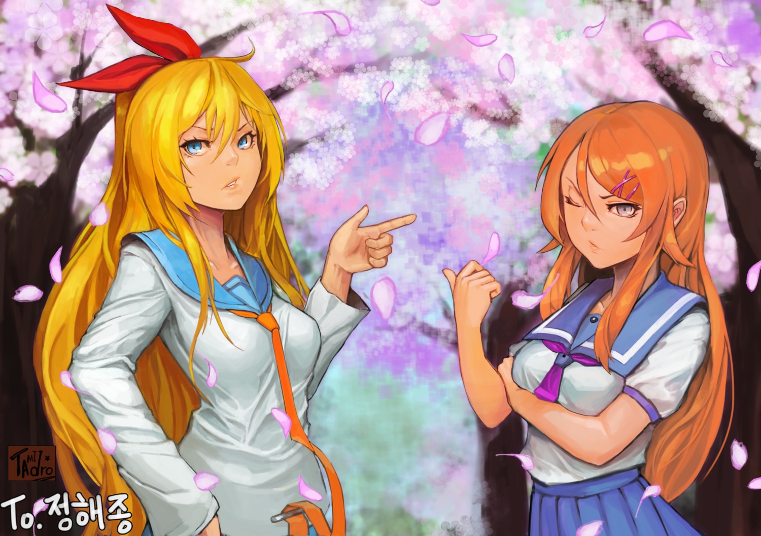crossover, kirisaki_chitoge, kousaka_kirino, nisekoi, ore_no_imouto_ga_konnani_kawaii_wake_ga_nai, seifuku, tamidro