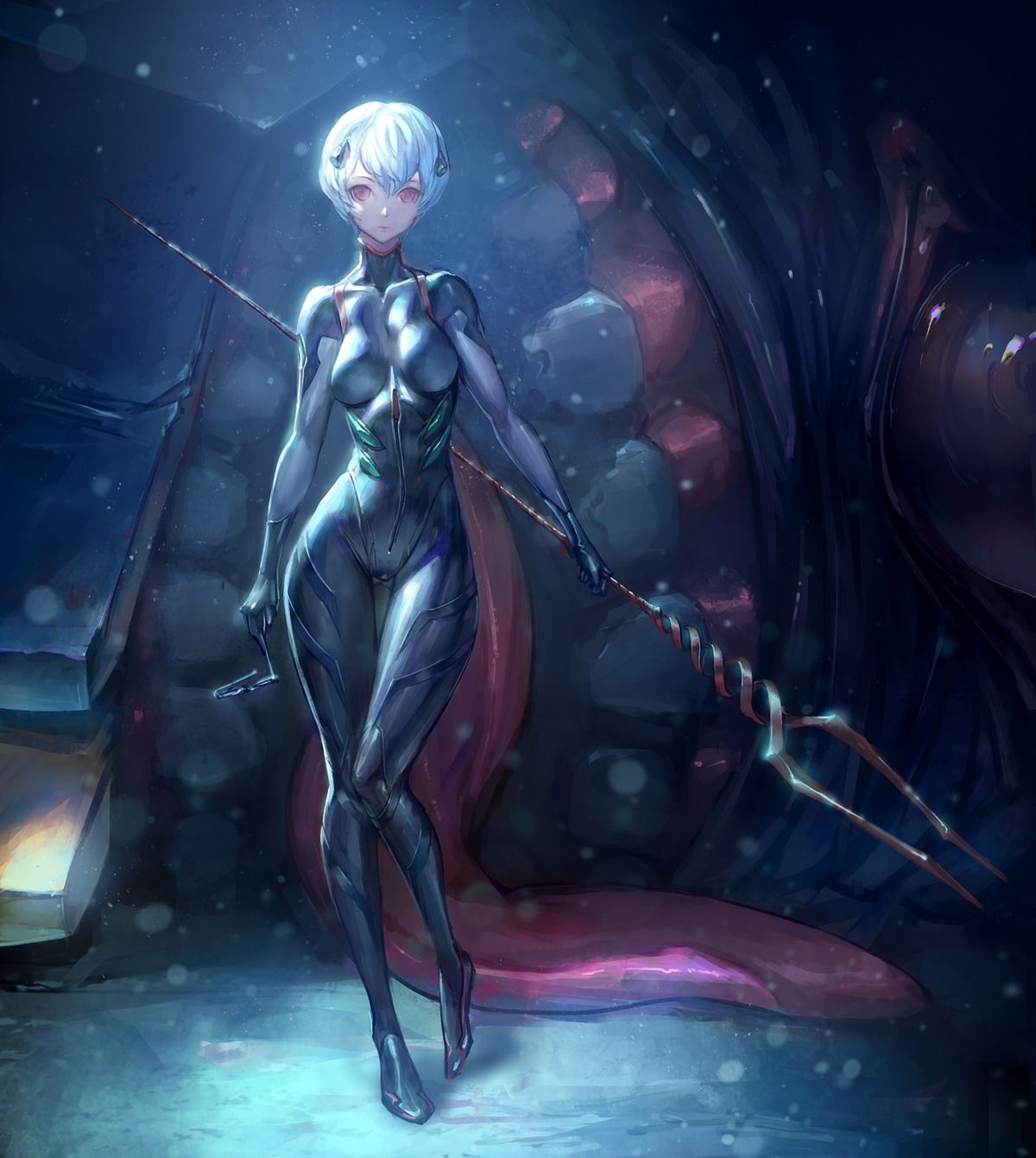 ayanami_rei, bodysuit, neon_genesis_evangelion, ozma_(ozmakku), weapon