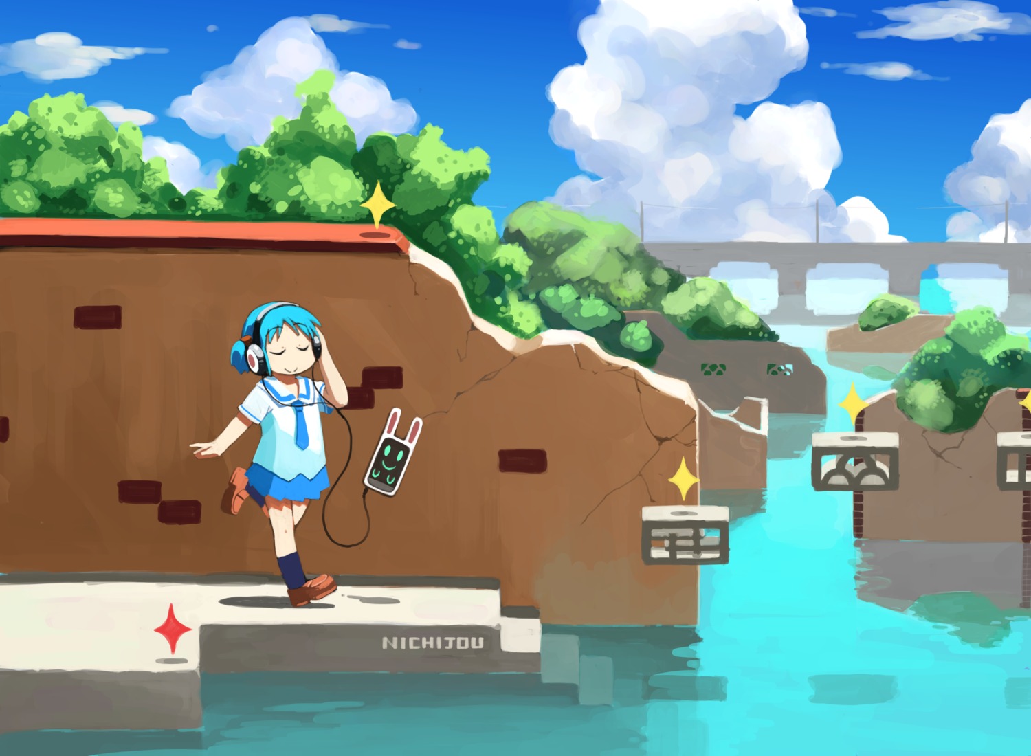 headphones, landscape, naganohara_mio, nichijou, nishimura_(prism_engine), seifuku