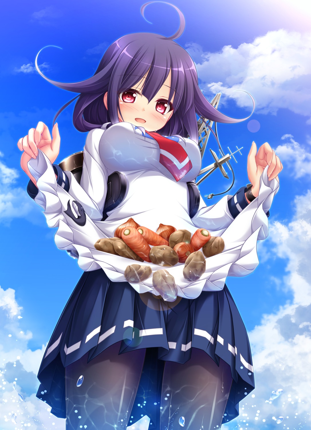 kantai_collection, mizunoe_kotaru, pantyhose, seifuku, shirt_lift, taigei_(kancolle), wet