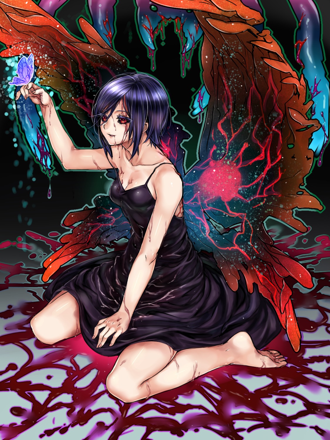 blood, cleavage, dress, kirishima_touka, tokyo_ghoul, wings, yuuma2aqua