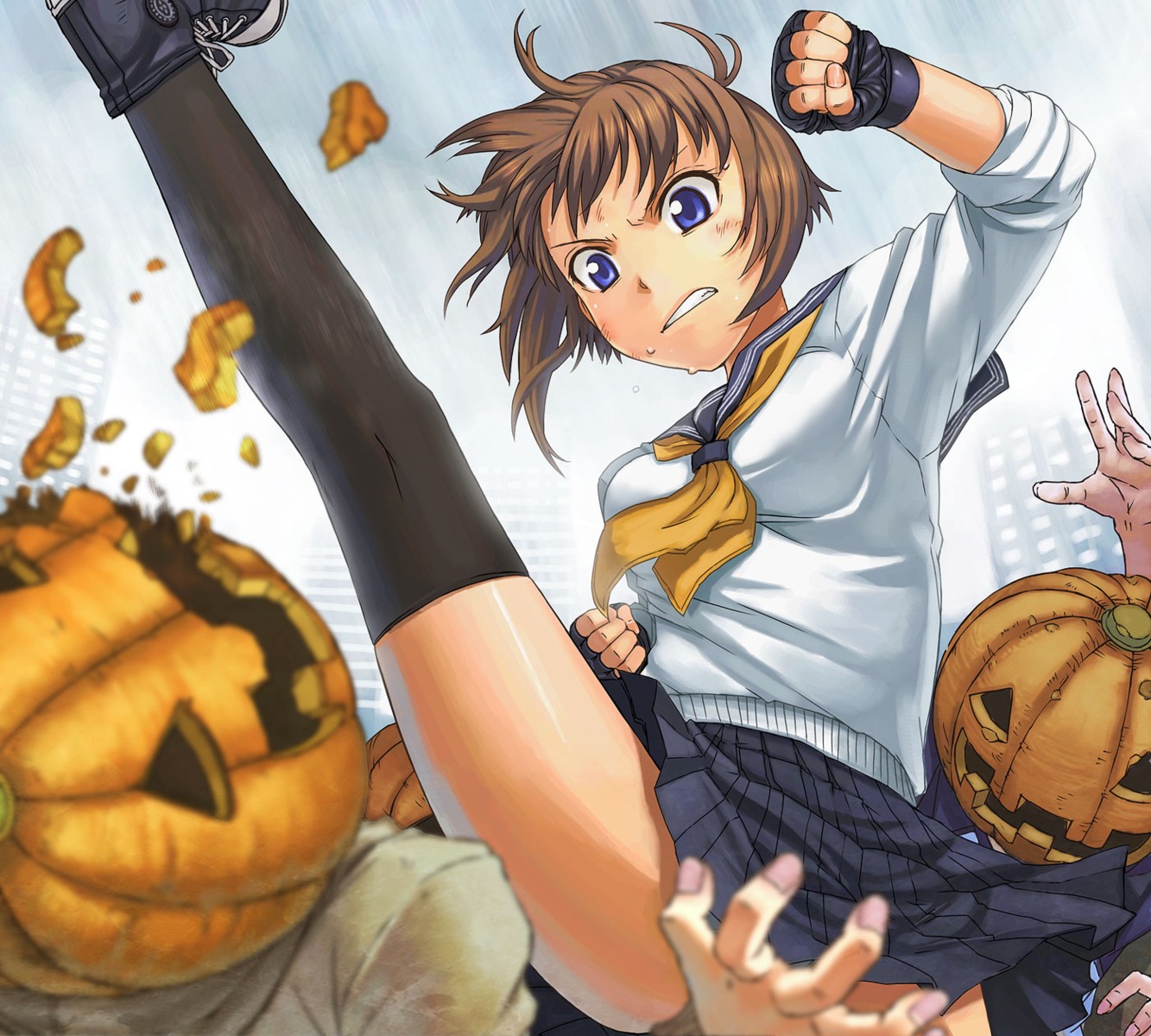 halloween, itou_(onsoku_tassha), seifuku, thighhighs