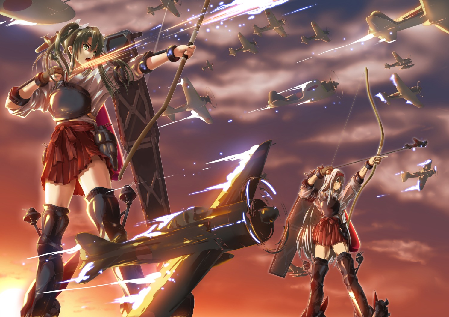 akamiho, armor, japanese_clothes, kantai_collection, mecha, shoukaku_(kancolle), thighhighs, weapon