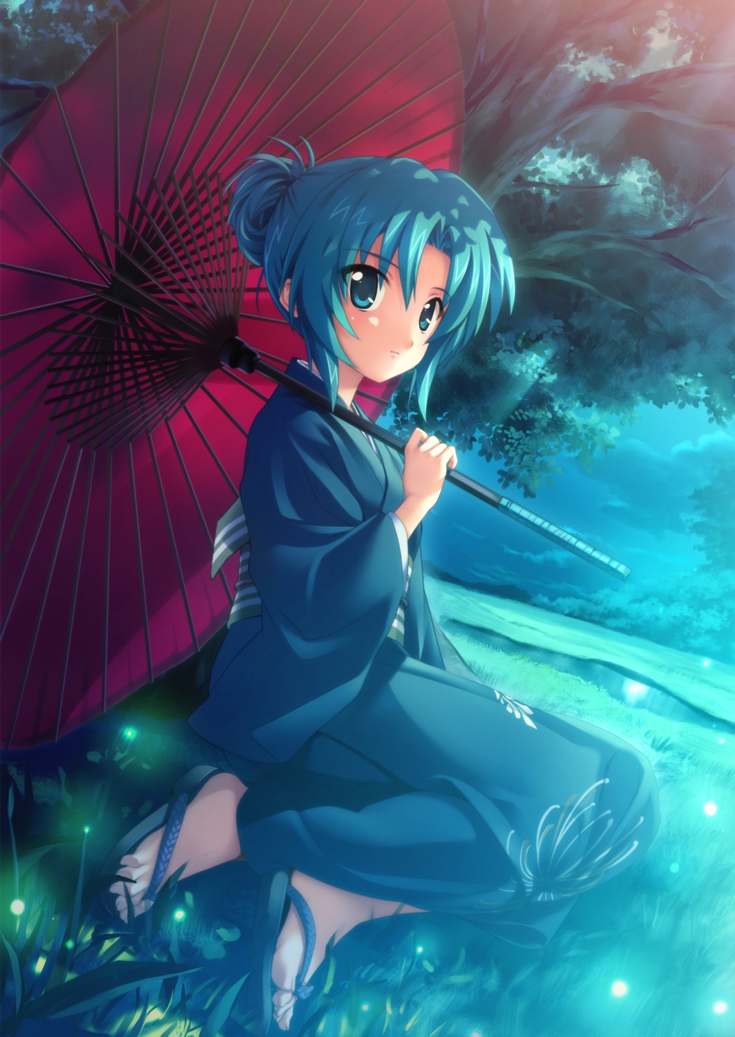 ekusa_takahito, higurashi_no_naku_koro_ni, kimono, sonozaki_akane, sonozaki_mion, umbrella