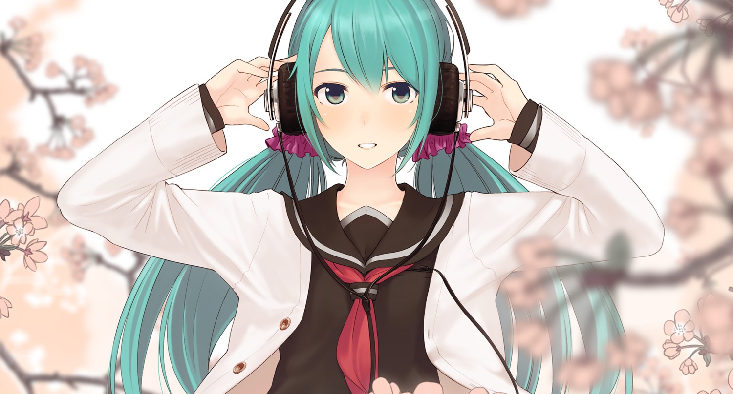 couzone, hatsune_miku, headphones, open_shirt, seifuku, sweater, vocaloid