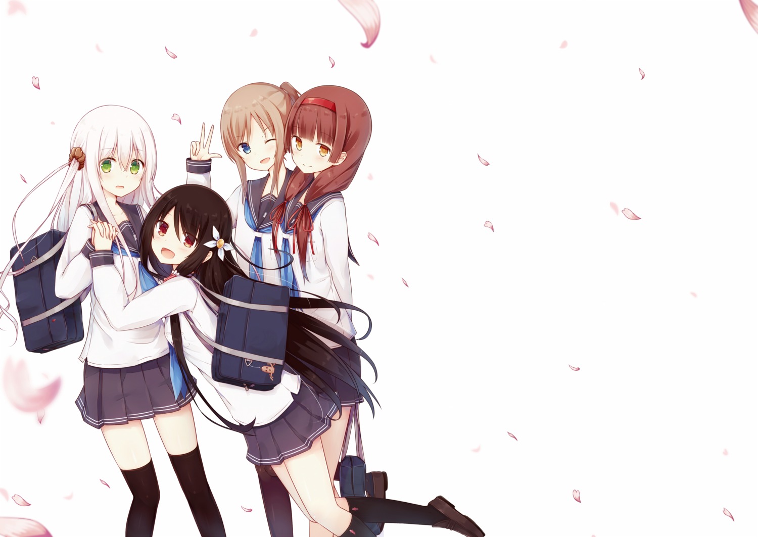 igaki_yuzu, pantyhose, seifuku, shiyake_mitoko, takishima_shiori, tanibayashi_kaede, thighhighs, tsuchikure