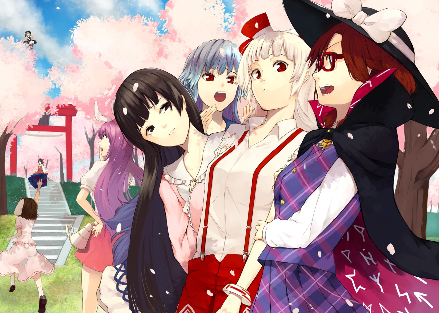 animal_ears, bunny_ears, fujiwara_no_mokou, hakurei_reimu, houmatu_awa, houraisan_kaguya, inaba_tewi, kamishirasawa_keine, kirisame_marisa, megane, reisen_udongein_inaba, tail, touhou, usami_sumireko, witch