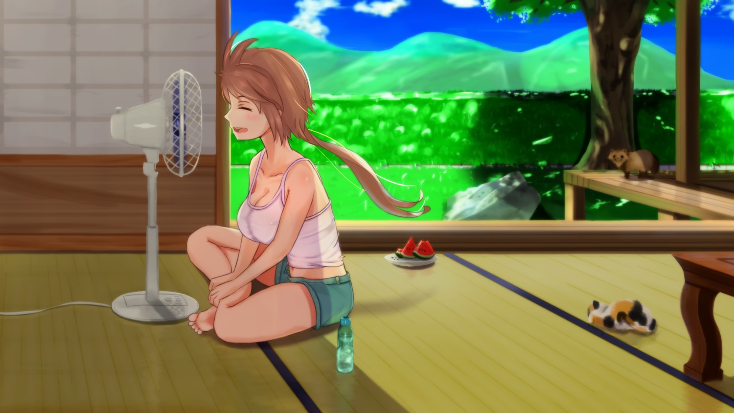 cleavage, kamome_donburi, landscape, neko, no_bra, wallpaper