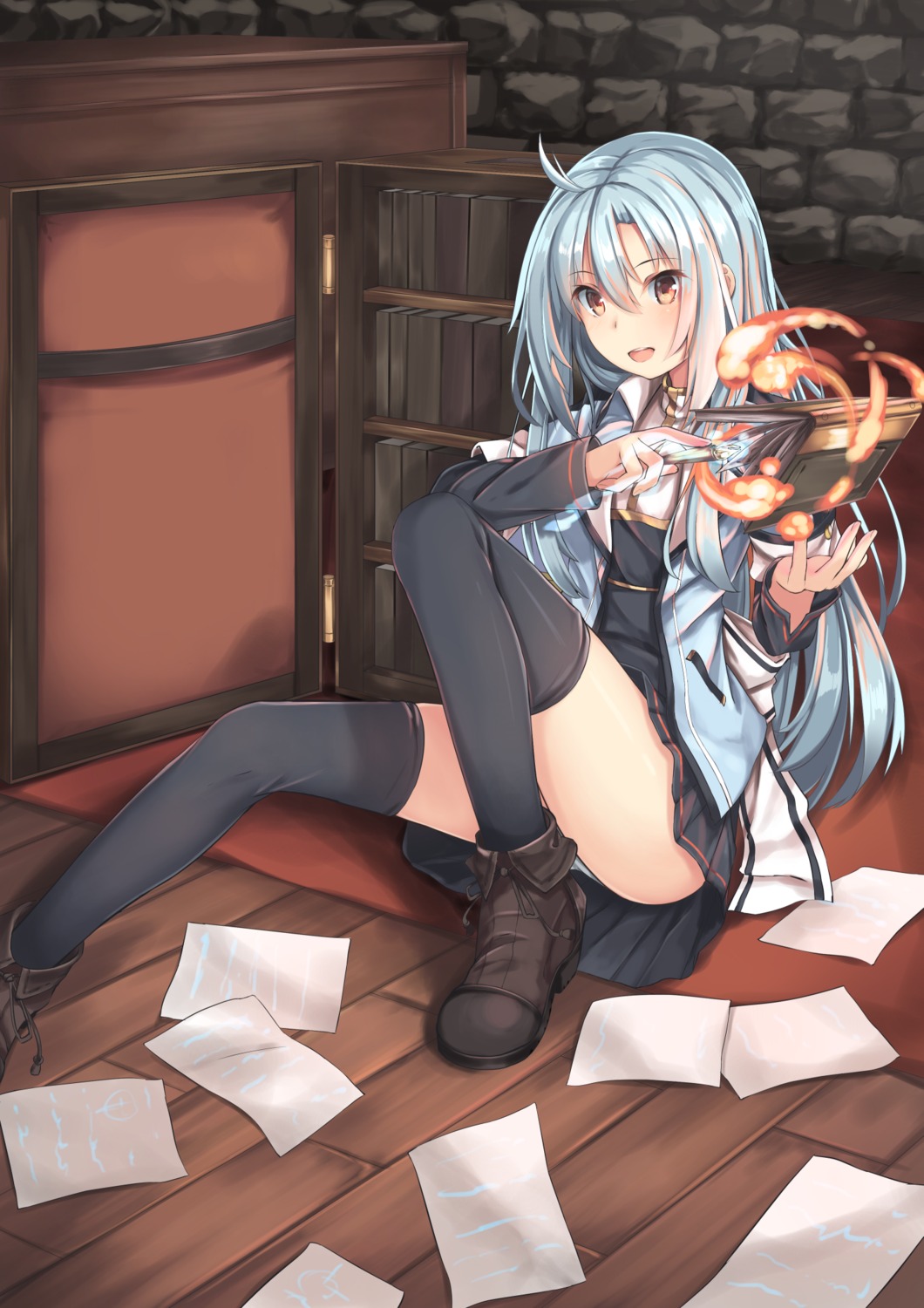 karakura, open_shirt, pantsu, seifuku, thighhighs